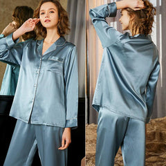 Classic Silk Long Sleeves Two Pajamas Set Sleepwear