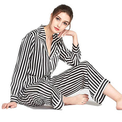 Women's 100% Silk Pajama Black and White Striped Silk Pajamas Sleepwear Sets