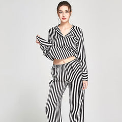 Women's 100% Silk Pajama Black and White Striped Silk Pajamas Sleepwear Sets