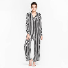 Women's 100% Silk Pajama Black and White Striped Silk Pajamas Sleepwear Sets