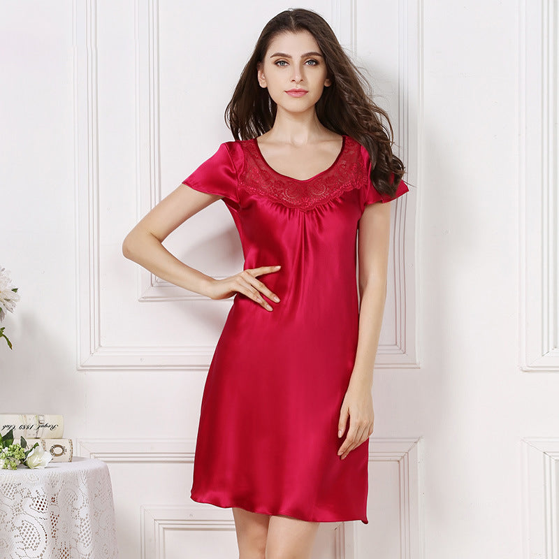 Women Silk Nightgown With Lace Short Sleeves Silk Nightgown Simple Nightdress