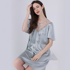 Round Neck Women Lace Sexy Short Sleeve Silk Nightgown  Nighties Wear