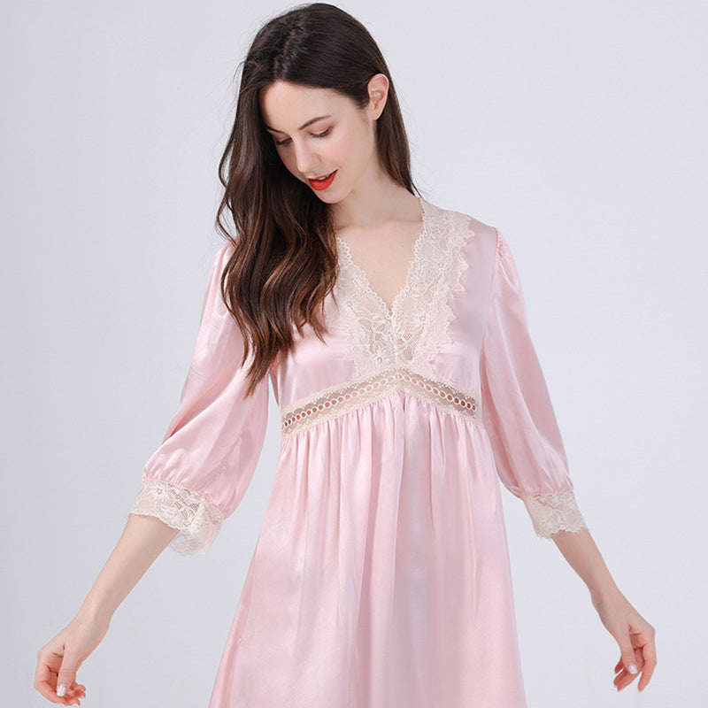 100% New Lace Sexy Half Sleeve Silk Nightgown For Women Silk Nighties