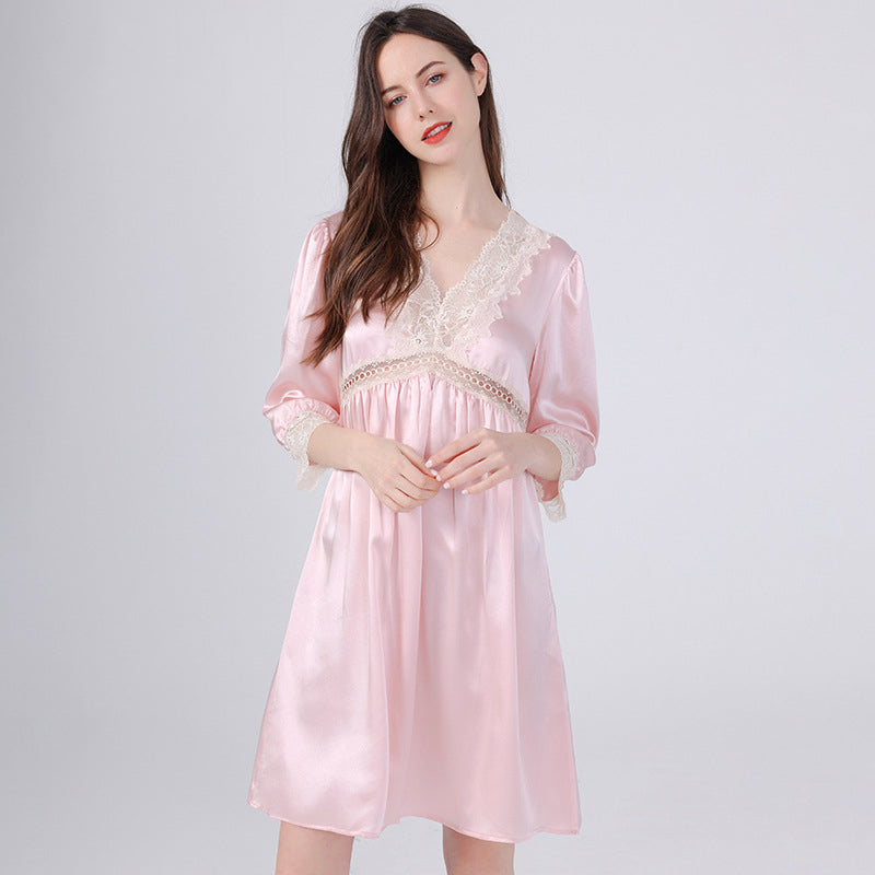 100% New Lace Sexy Half Sleeve Silk Nightgown For Women Silk Nighties