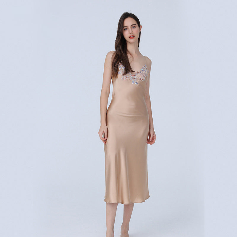 Sexy V-Neck 100% Silk Long Chemise Silk Night Dress Nightgown