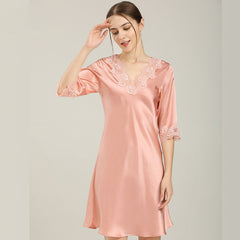 Women Silk Nightgown With Lace Short Sleeves Classic Lace Silk Sleepwear