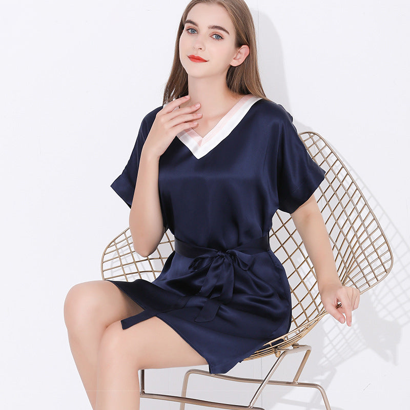 Comfortable Sleeved Silk Short Nightgown With Belt Women Luxury Sleepwear