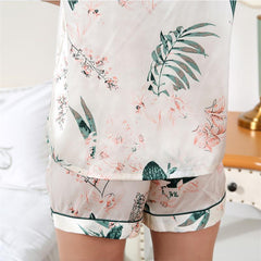 Women's White Silk luxury nightwear Striped Floral Silk Pajama Set
