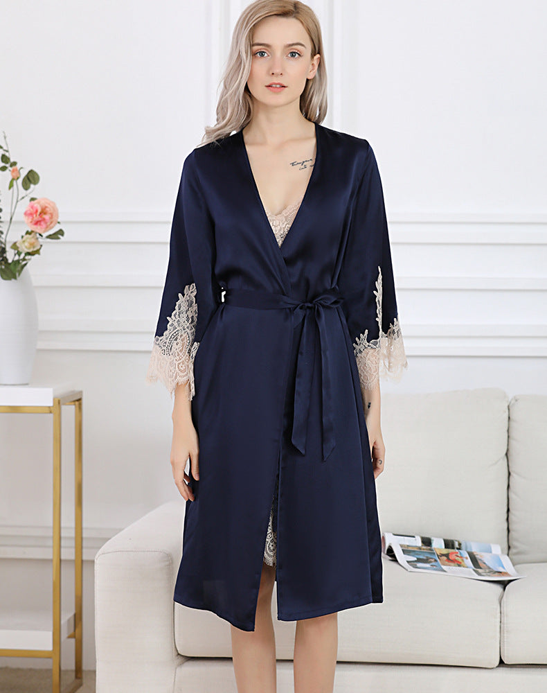 Black Lace  Silk  V Neck Half Sleeves Silk Robe Silk Set For Women