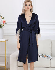 Black Lace  Silk  V Neck Half Sleeves Silk Robe Silk Set For Women
