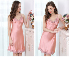 Sexy Adjusted Strap Nightdress Lace Short Silk Slip Nightgown for Women