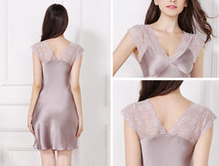 Silk Nightgown With Lace Side Short Sleeves Classic Lace Silk Sleepwear