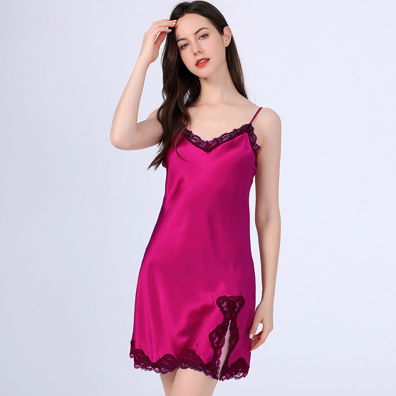 V Neck Sexy Short Sleeveless Silk Nightgown With Lace Ladies