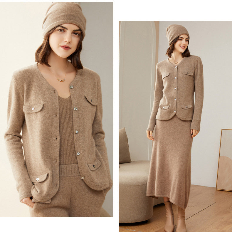 Women's 100% Pure Cashmere Cardigan Winter Crew Neck Long Sleeve Loose pocket Winter Cashmere Cardigan Coat