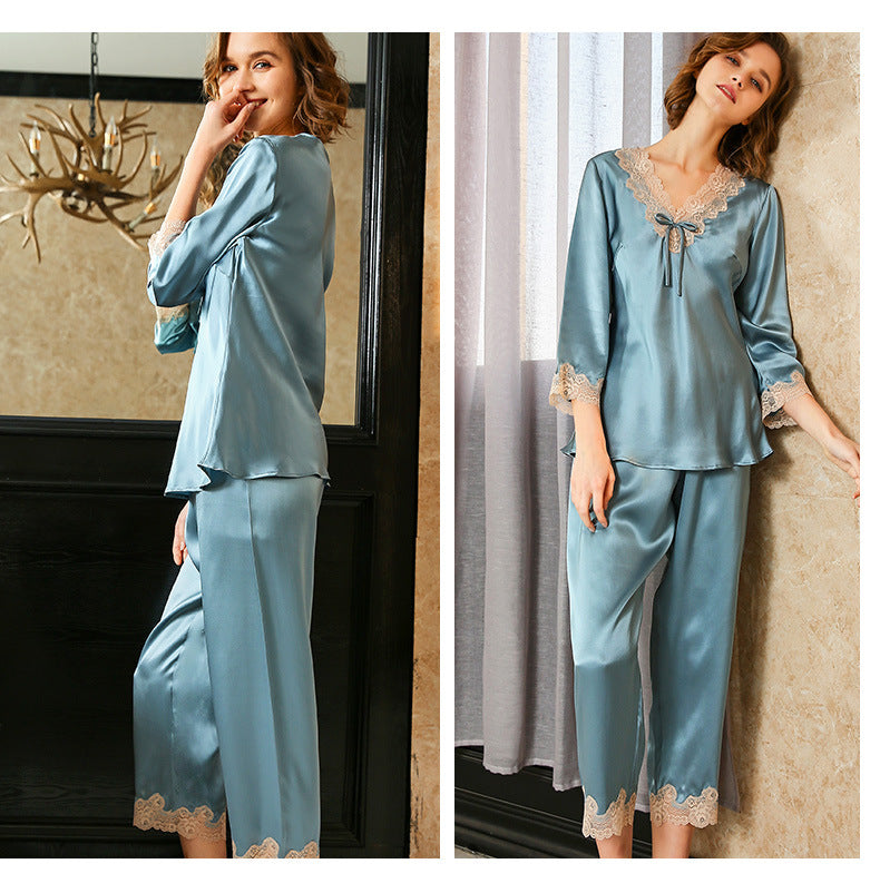 Women's 100% Silk Pajama Set Luxury  Short Set with Lace Trimming