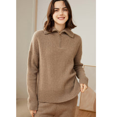 Pure Cashmere Half Zip Turtleneck Ribbed Knit Pullover Collar Sweater