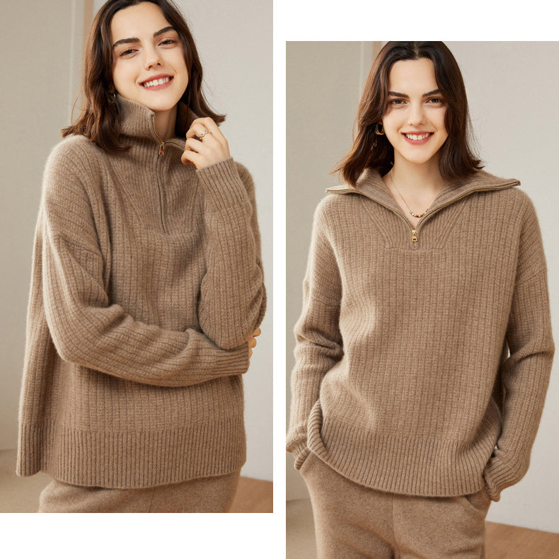 Women's 100% Pure Cashmere Sweater Half Turtleneck Autumn and Winter Zip Half Open Collar Warm Cashmere Sweater