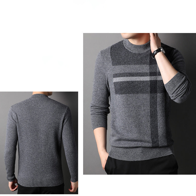Pure Cashmere Sweater for Men Stripe Round Neck Long Sleeve Cashmere Sweater