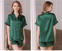 Women's Luxury Silk Sleepwear 100% Silk Short Sleeve Top Boxer Short Pajamas Set (multi-colors)