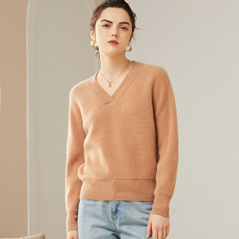 Women 100% Pure V Neck Cashmere Sweater Classic Long Sleeve Loose Pullover Cashmere Sweater