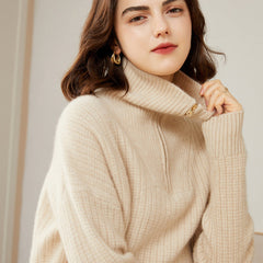 Women's 100% Pure Cashmere Sweater Half Turtleneck Autumn and Winter Zip Half Open Collar Warm Cashmere Sweater
