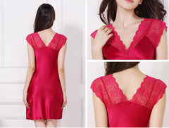Silk Nightgown With Lace Side Short Sleeves Classic Lace Silk Sleepwear