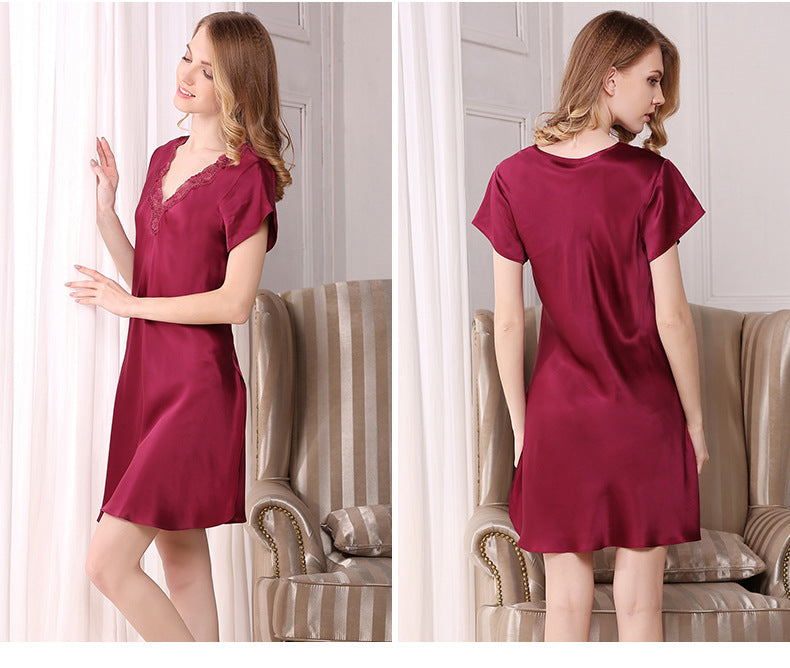 V Neck Women Silk Nightgown With Lace Short Sleeves Classic Silk Sleepwear