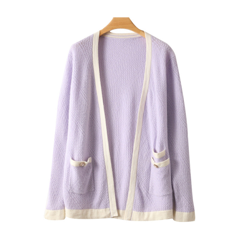 100% Pure Women Cashmere Cardigan Mixed Colorblock Long Sleeve Open Front Cashmere Cardigan