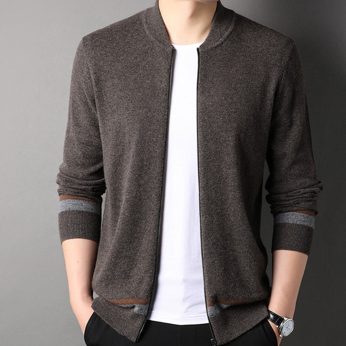 Men's 100% Pure Cashmere Cardigan Zip Up Long Sleeve Stand Collar Cashmere Cardigan