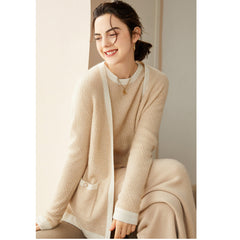 100% Pure Women Cashmere Cardigan Mixed Colorblock Long Sleeve Open Front Cashmere Cardigan