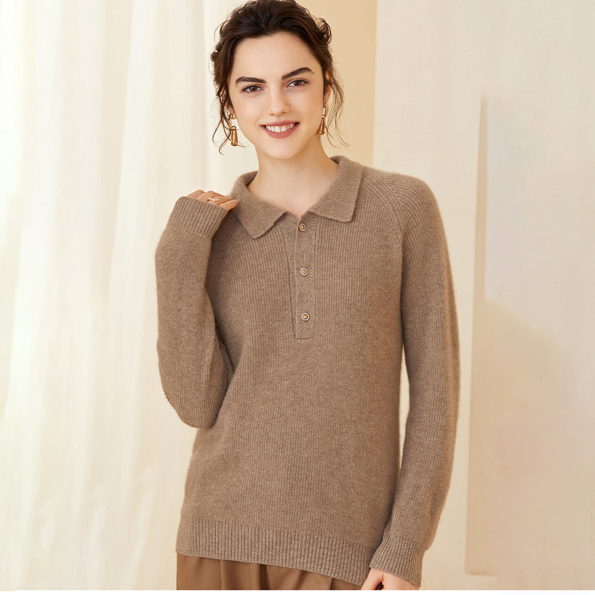 Women's Polo Neck Cashmere Sweater Spring Long Sleeve Cashmere Sweater