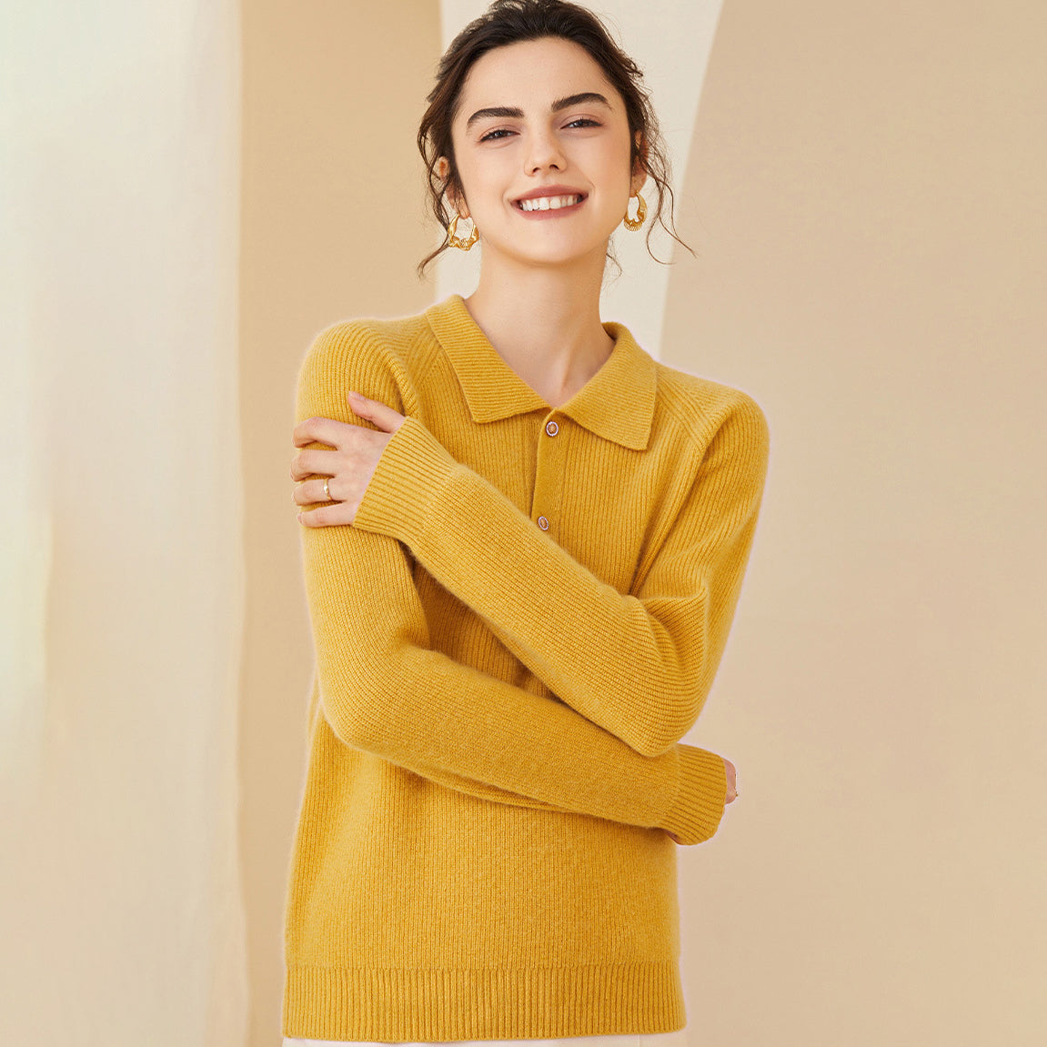 Women's Polo Neck Cashmere Sweater Spring Long Sleeve Cashmere Sweater