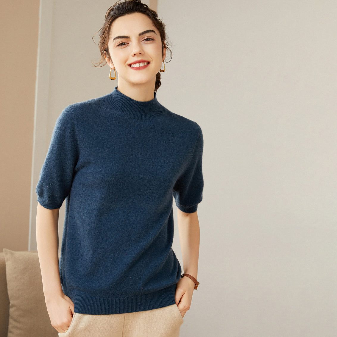 Women's 100% Pure Cashmere Sweater Crewneck Cashmere Tops Lightweight Short Sleeve Cashmere Sweater