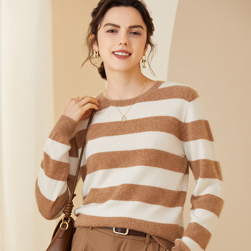 Stripe Women Cashmere Sweater Long Sleeve Pullover Cashmere Sweater