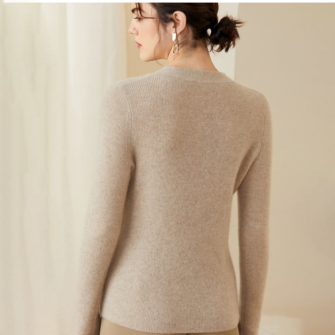 Women V Neck Cashmere Sweater Tie Long Sleeve Pullover Cashmere Sweater