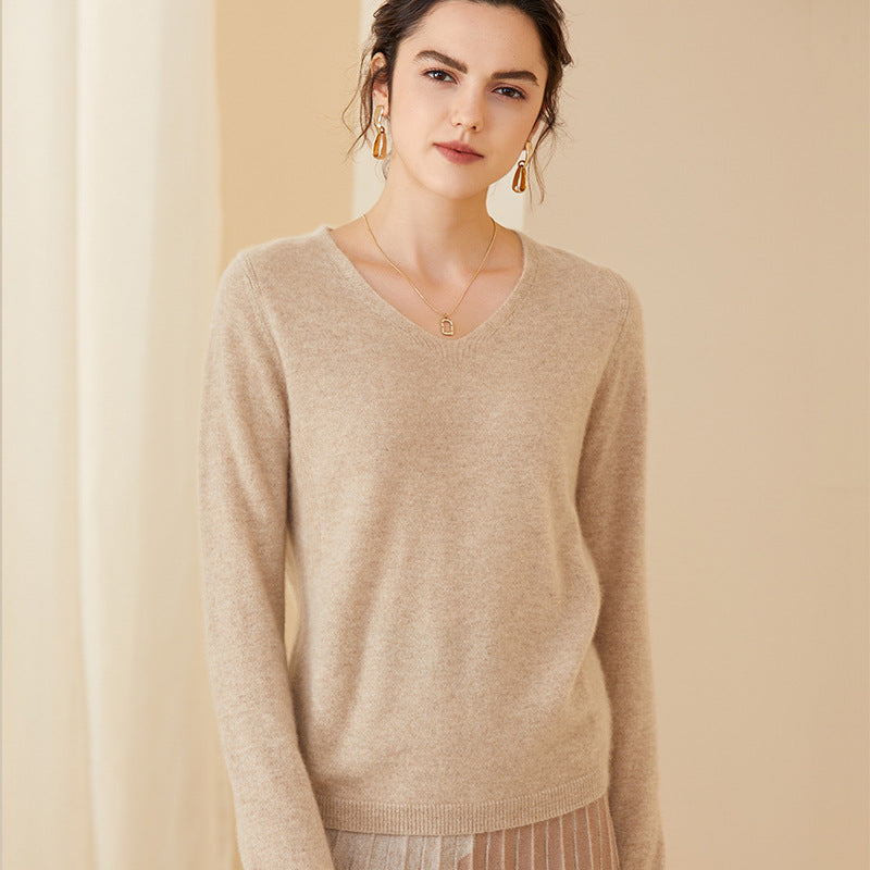 Women V Neck Cashmere Sweater Classic Long Sleeve Loose Pullover Cashmere Sweater