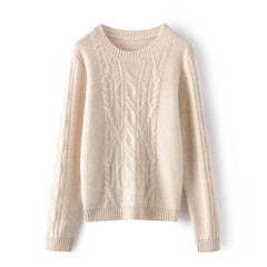 Soft Warm Crew Neck Cable Knit Wool Cashmere Sweater