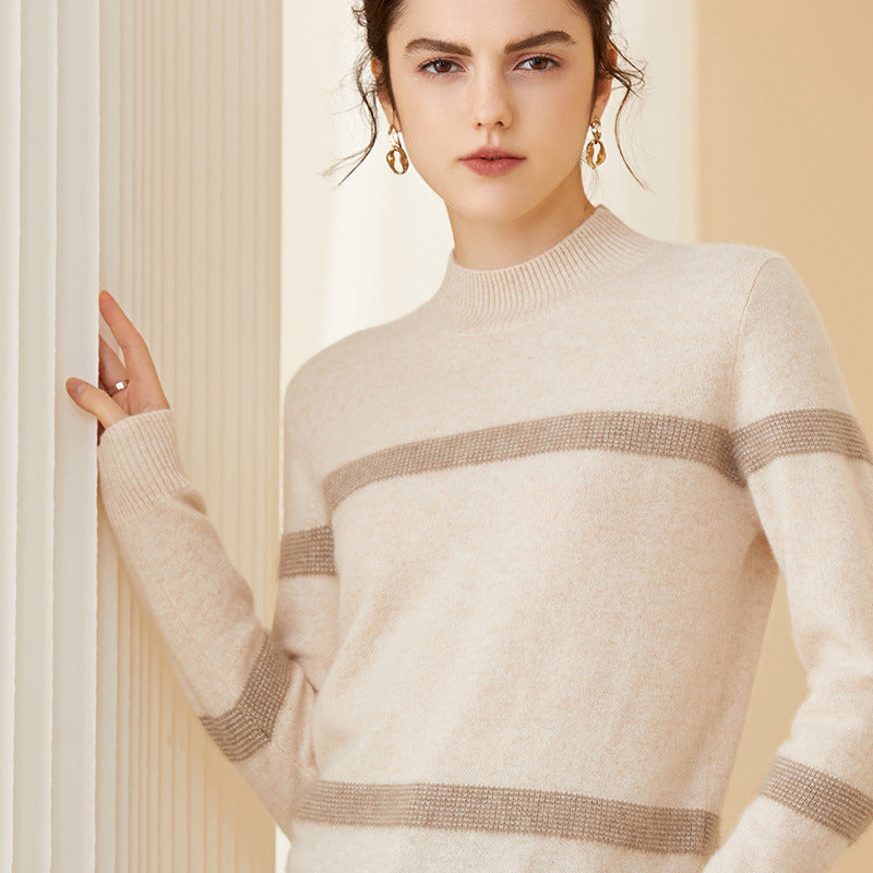 Cashmere Sweater for Women Mock neck Stripe Long Sleeve Soft Warm Cashmere Sweater