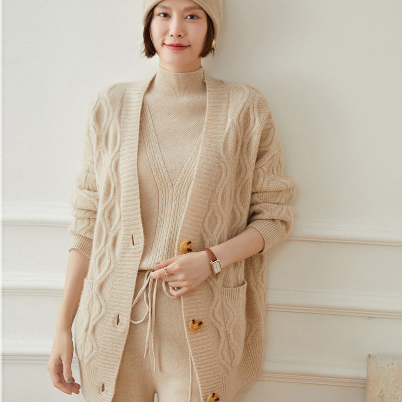 Women Cashmere Cardigan Winter Loose Warm Button Front Pocket Long Sleeve Cashmere Cardigan