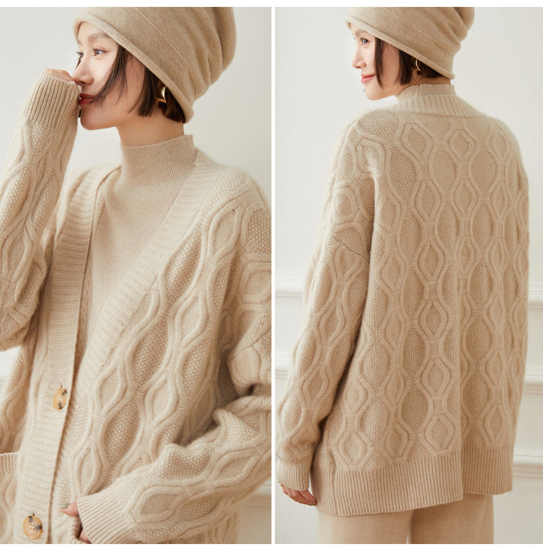 Women Cashmere Cardigan Winter Loose Warm Button Front Pocket Long Sleeve Cashmere Cardigan