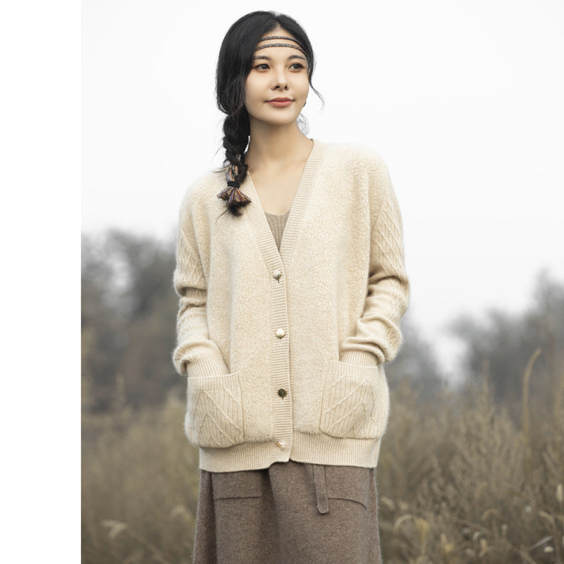 Cashmere Cardigan for Women Button Front Long Sleeve V Neck Cashmere Cardigan