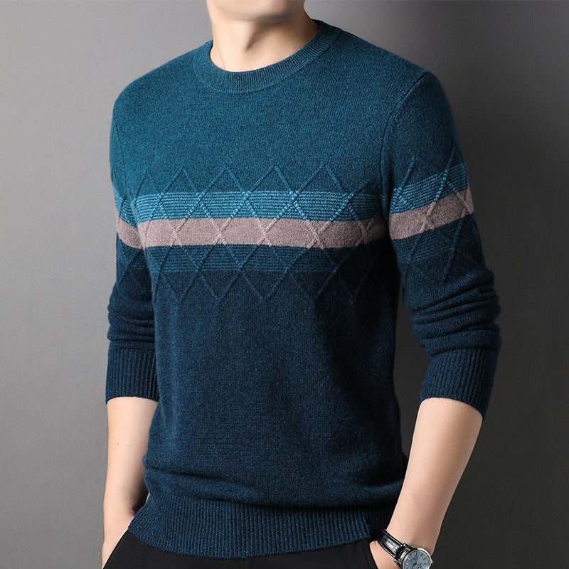 100% Pure Cashmere Sweater for MenMixed Stripe Crew Neck Long Sleeve Cashmere Sweater