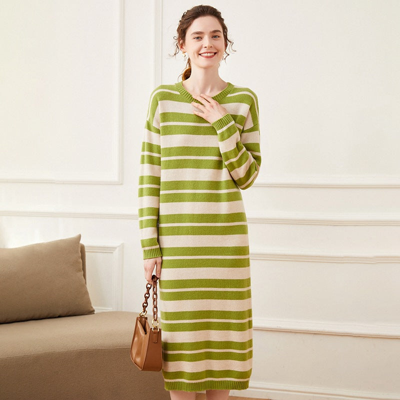 Women's Stripe Cashmere Dresses Long Cashmere Sweather Dresses