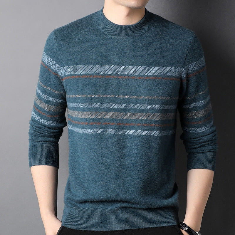 100% Pure Cashmere Sweater for Men Stripe Crew Neck Long Sleeve Cashmere Sweater