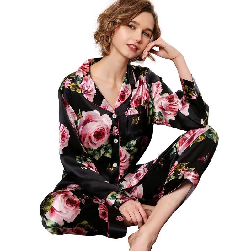 Rose Floral Silk Pajama Set two piece Silk Pajamas for Women