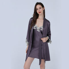 V Neck With Lace Split Women's Silk Robes Ladies Silk Set