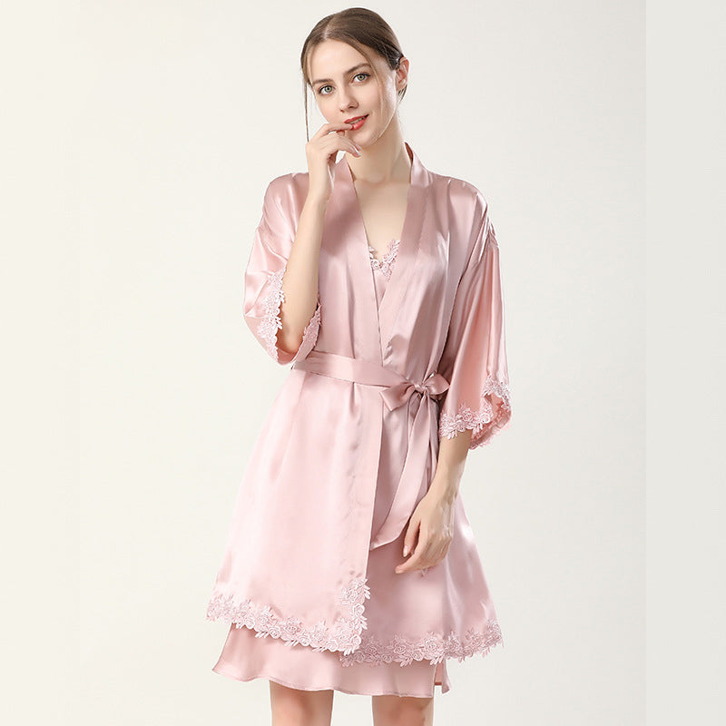 Sexy V Neck With Lace Split Women's Silk Robes Ladies Silk Set for Ladies