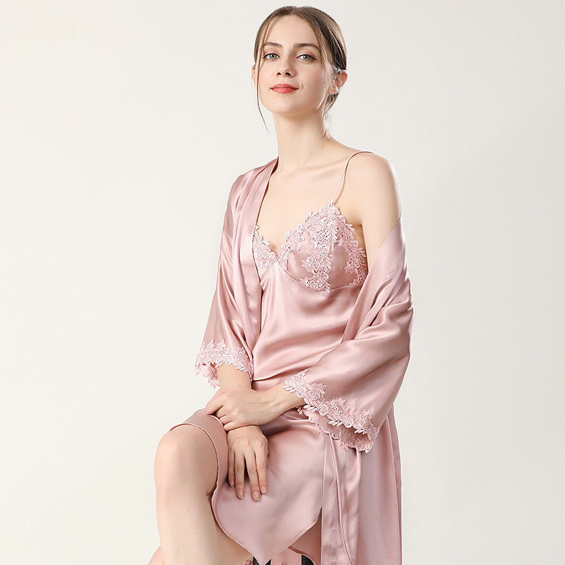 Sexy V Neck With Lace Split Women's Silk Robes Ladies Silk Set for Ladies