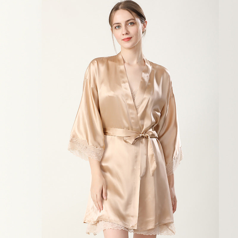 Mid Length V Neck Long Sleeves Silk Robe Silk Set For Women