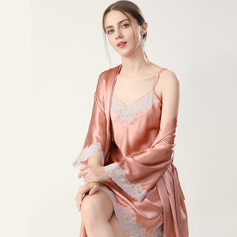 Mid Length V Neck Long Sleeves Silk Robe Silk Set For Women